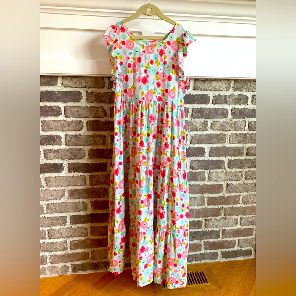 CAT & JACK LONG FLORAL FLUTTER SLEEVE FLOWY GIRLS DRESS | SIZE L (10/12)